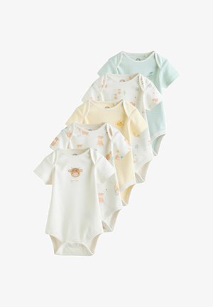 Penki trumpomis rankovėmis kūdikių bodžiukai pastelinėmis spalvomis, su gyvūnų ir saulės atvaizdais bei spaustukais apačioje.