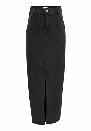 Svart denim midi-kjol med en fram-slits, femfickorsdesign och knäppning fram. Slät struktur med en klassisk passform.