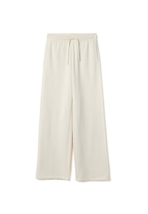 Pantalones de pierna ancha en color crema con cinturilla elástica y cordón ajustable, que cuentan con bolsillos laterales y un acabado de tela suave y lisa.