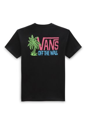 Camiseta de algodón negra con un diseño gráfico colorido que presenta una palmera y el texto "VANS OFF THE WALL" en rosa y azul. Manga corta.