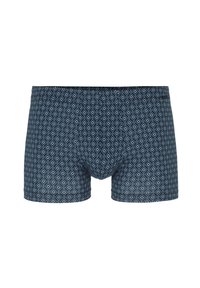 Donkerblauwe boxershorts met een geometrisch diamantenpatroon in lichtblauw. Gladde stof, aansluitend ontwerp en een elastische tailleband voor comfort.