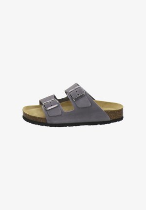 Gray suede sandal with two adjustable buckled straps, cork footbed, and black sole shown from side view on white background.