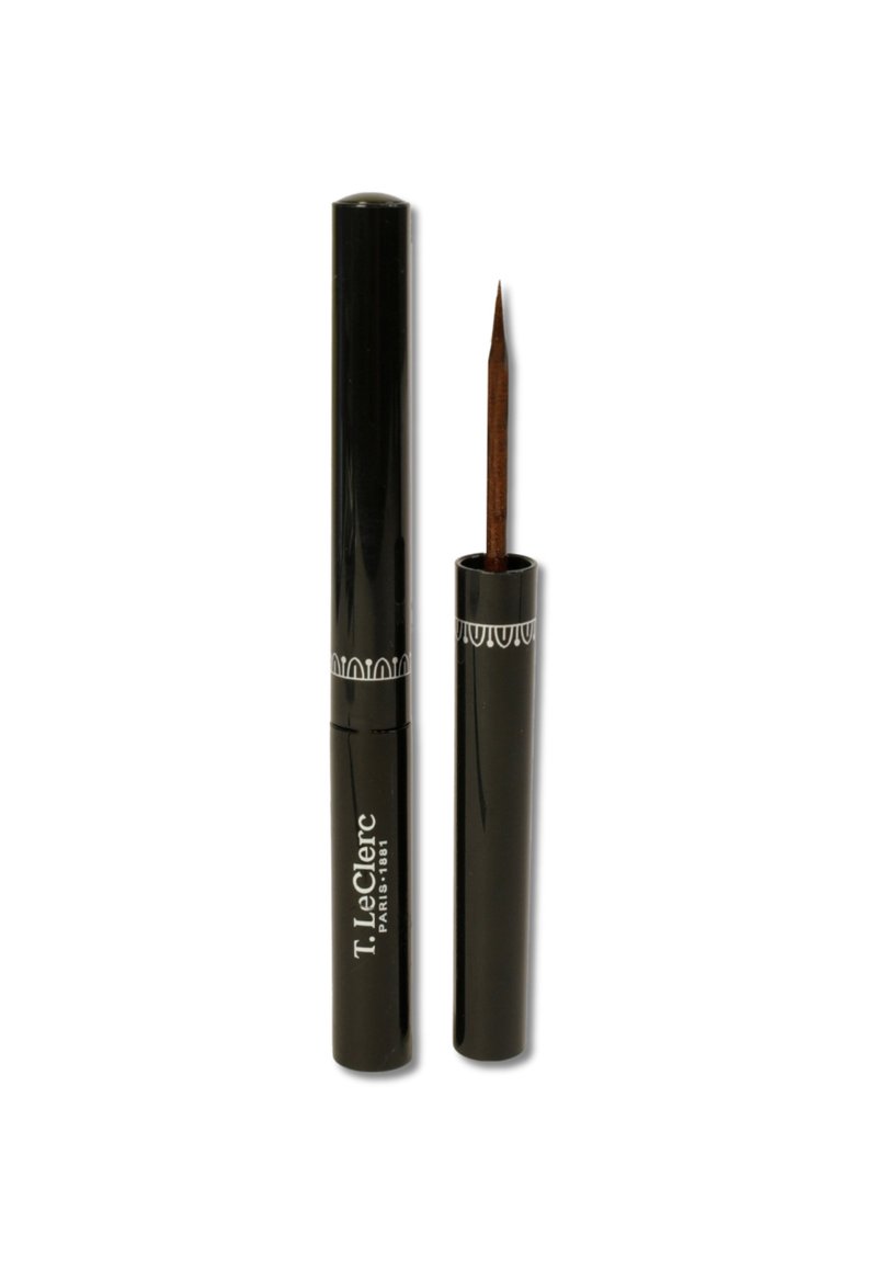 Schwarzer flüssiger Eyeliner mit einem schlanken Pinselapplikator und einem glänzenden Finish. Die Verpackung weist silberne Details mit Markentext auf.