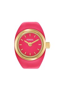 Fossil ur med en pink silikonesnor, guld urkasse og en pink skive med markante timeindikatorer og en krone. Enkel design, moderne æstetik.