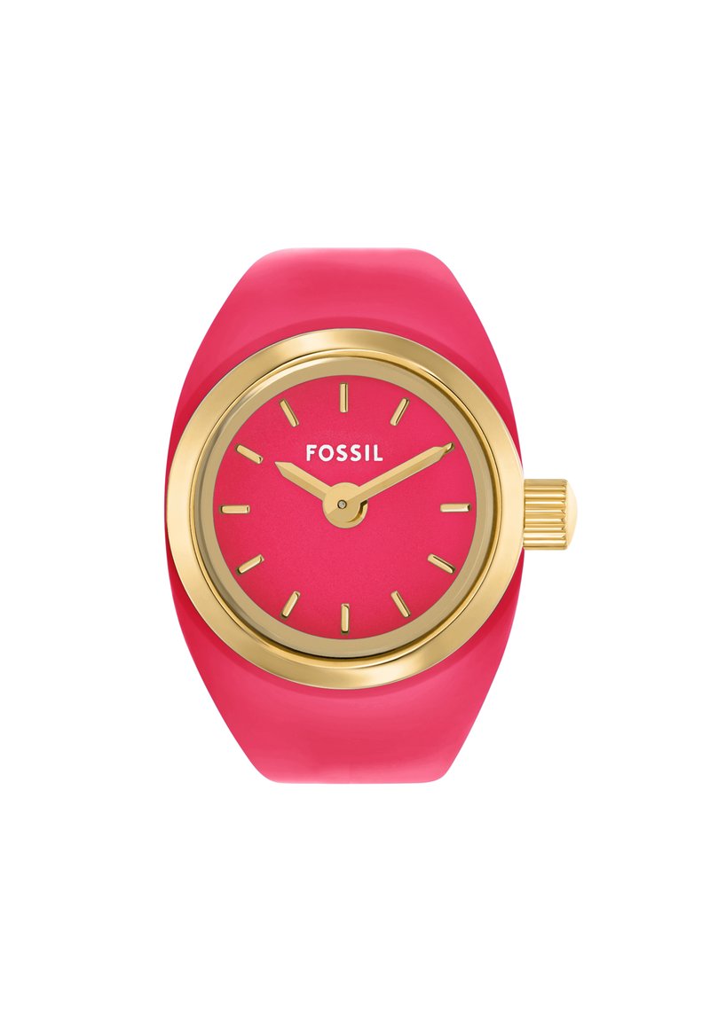 Fossil ur med en pink silikonesnor, guld urkasse og en pink skive med markante timeindikatorer og en krone. Enkel design, moderne æstetik.