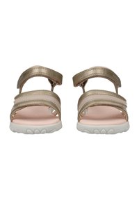 Sandali dorati con due cinturini regolabili, una soletta rosa chiaro e una suola in gomma bianca con motivi floreali.