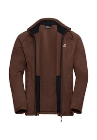 Braune Fleece-Jacke mit einem durchgehenden Reißverschluss, schwarzen Akzenten an den Taschen, glatter Textur und einem taillierten Design mit Stehkragen.