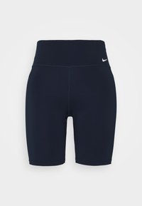 Granatowe rowerowe szorty o wysokim stanie wykonane z gładkiego, elastycznego materiału. Posiadają subtelne logo Nike na pasie i brak dodatkowych wzorów.