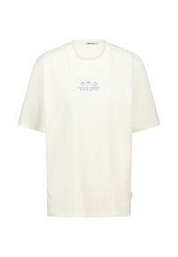 Witte katoenen T-shirt met korte mouwen, ronde halslijn en lichtblauwe bedrukte tekst en afbeelding met fruit, gelabeld "Smaak van de Zomer."