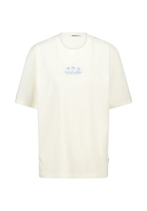 White cotton T-shirt with short sleeves, round neckline, and light blue printed text and graphic featuring fruits, labeled "Taste of Summer."