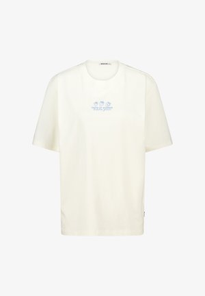 White cotton T-shirt with short sleeves, round neckline, and light blue printed text and graphic featuring fruits, labeled "Taste of Summer."