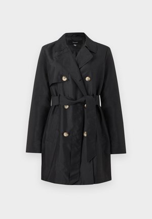 Black double-breasted trench coat with four beige buttons, two side pockets, a wide collar, and a waist belt tied in front.