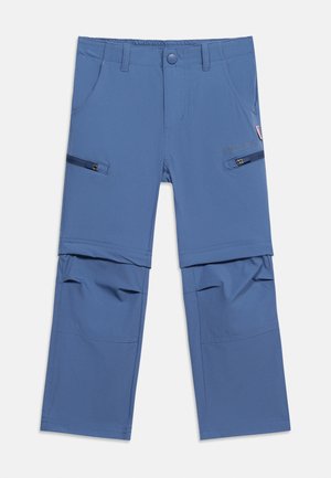 Pantalon convertible bleu avec poches zippées sur les cuisses, fermeture par boutons, passants pour ceinture et genoux conçus pour se dézipper en short.