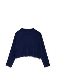 Pullover corto in maglia di colore blu navy, con maniche lunghe, scollatura rotonda e un motivo testurizzato su tutto il tessuto.
