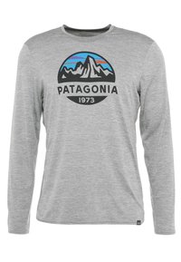 Maglietta grigia a maniche lunghe realizzata in tessuto morbido, con una grafica montana nera e colorata e il testo "PATAGONIA 1973" sottostante.