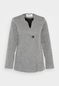 Blazer gris avec un col en V, fermeture par un seul bouton noir, deux poches avant et tissu texturé. L'étiquette indique "ONLY".