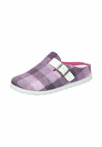 Felt clogs with a purple and pink plaid pattern, white buckle accent, and white rubber sole. Soft interior lining for comfort.
