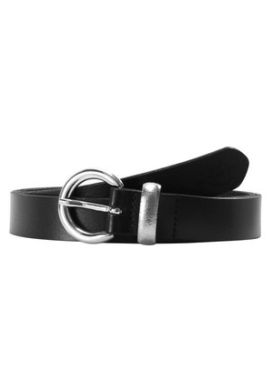 Ceinture en cuir noir avec une boucle métallique argentée arrondie et une boucle de ceinture assortie, enroulée sur un fond blanc.