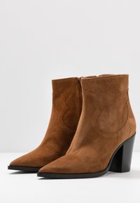 Brune ruskinds-ankelstøvler med spids tå, syningsdetaljer og en sort blokhæl. Lukning bagpå for nem påtagning.