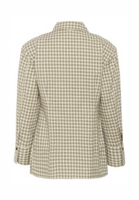 Giacca a quadri beige e marrone, con colletto classico, maniche lunghe e polsini con bottoni, dal fit rilassato e texture tessuta.