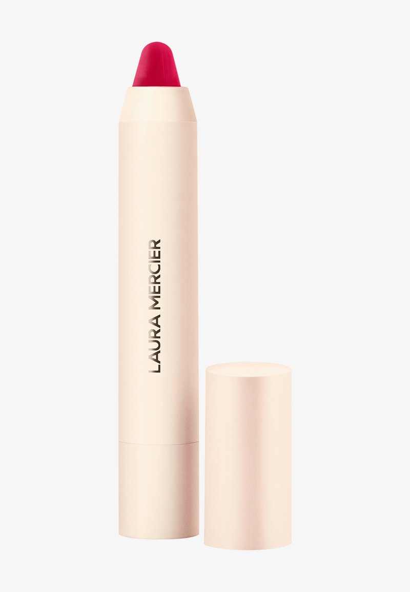 Laura Mercier leppenn med lys beige emballasje, med en spiss fargerik rosa tupp. Lokket er sylinderformet og matcher fargen på tuben.