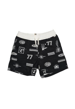 Costume da bagno nero con fascia elastica bianca in vita, coulisse e stampe grafiche bianche che includono cactus, numeri e motivi testuali.