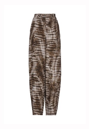 Pantaloni a gamba dritta a vita alta con motivo in pelle di coccodrillo marrone e beige e chiusura con bottone in vita.