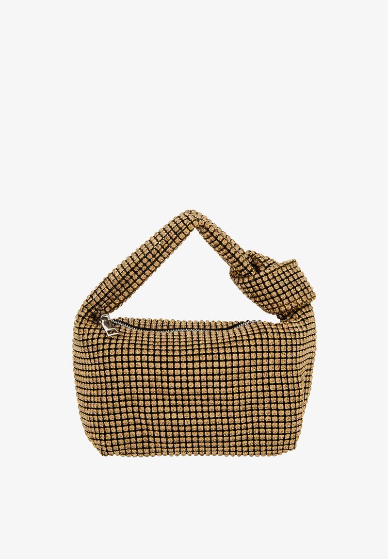 Auksinė ir juoda tinklinė rankinė su unikaliu mazgo rankenėle, užtrauktuko uždarymu ir struktūrine, stačiakampio formos, papuošta tinklelio raštu.