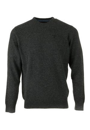 Donkergrijze wollen trui met lange mouwen, ronde hals, geribbelde manchetten en een klein, subtiel logo op de linkerborst.