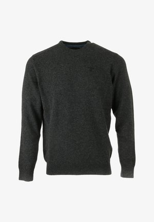 Dunkelgrauer Wollpullover mit langen Ärmeln, rundem Halsausschnitt, gerippten Bündchen und kleinem, dezentem Logo auf der linken Brust.