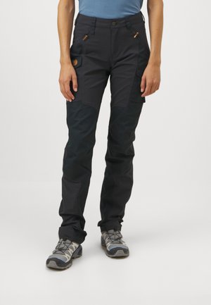 Black outdoor pants with a fitted design, featuring cargo pockets and contrasting dark fabric on knees. Made from durable, textured material.