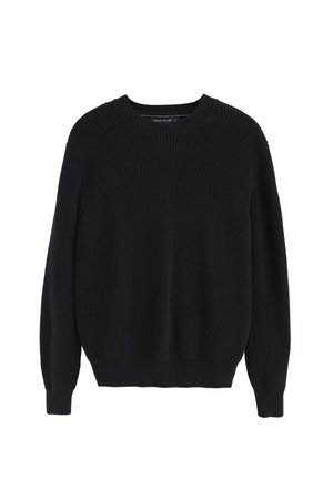 Pull en tricot noir avec un col rond, des côtes texturées et des manches longues. Présente des détails de couture verticaux sur les côtés et un ourlet ajusté.