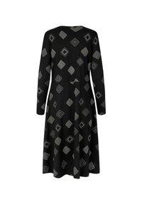 Robe noire à manches longues avec un motif géométrique gris de carrés et de diamants. Fabriquée en tissu texturé avec une jupe évasée.