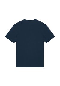 Navyblaue Baumwoll-T-Shirt, kurze Ärmel, Rundhalsausschnitt, glatte Textur, ohne Grafiken oder Muster, schlichtes Rückendesign.