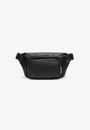 Black fanny pack made of textured leather with embossed pattern, featuring a front zippered pocket and adjustable strap.