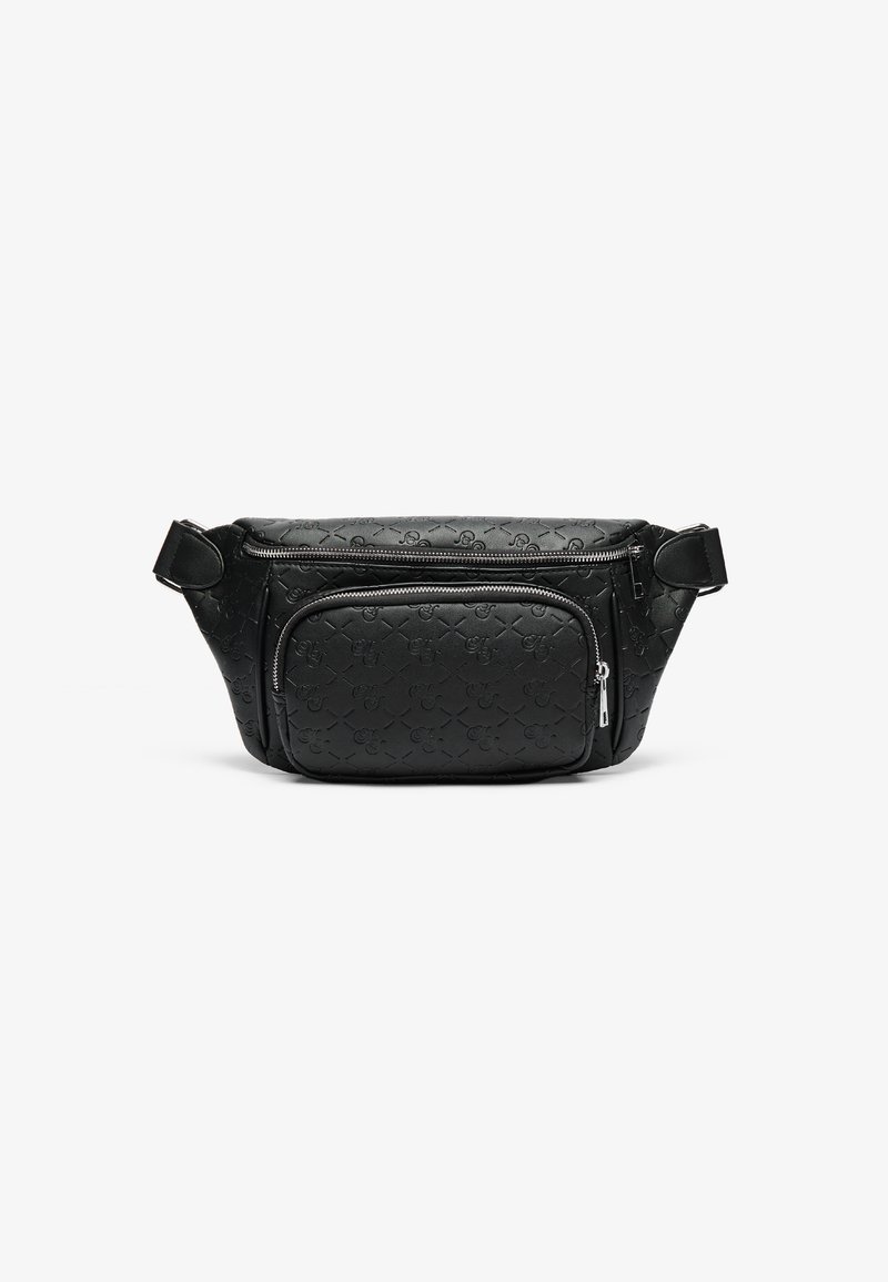 Sac banane noir en cuir texturé avec un motif gaufré, doté d'une poche zippée à l'avant et d'une sangle réglable.