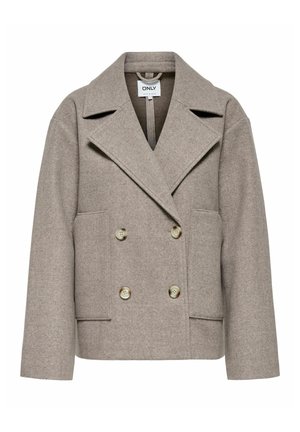 Taupe double-breasted jas van wolmix met brede revers, twee steekzakken aan de voorkant en vier knopen, met label "ONLY" aan de binnenkant van de kraag.