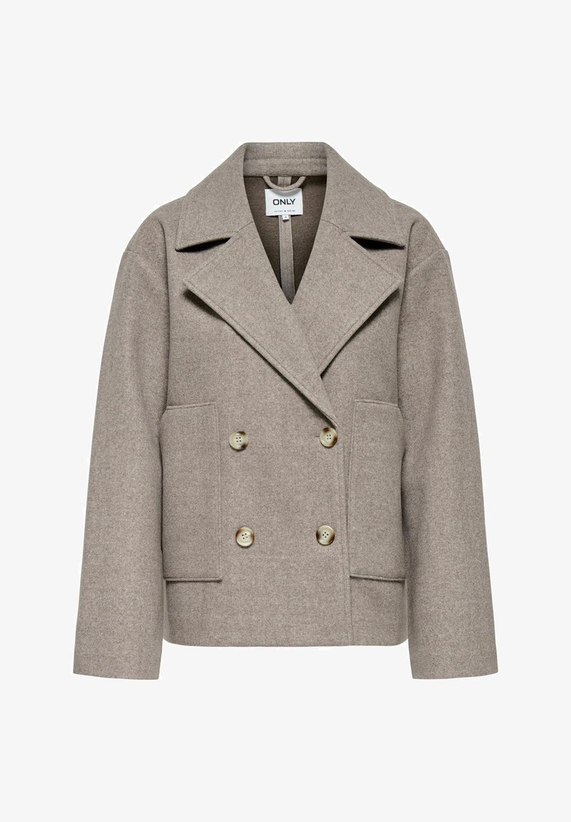 Veste croisée taupe en mélange de laine avec larges revers, deux poches avant et quatre boutons, étiquetée "ONLY" à l’intérieur du col.