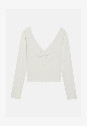 Blusa de manga longa, off-white, com um decote em V profundo e um detalhe em nó na frente, apresentando um tecido texturado e uma barra cropped.