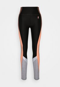 Legginsy wysokie w talii w kolorze czarnym, z panelami w odcieniach brzoskwiniowym i jasnoszarym. Wykonane z elastycznego materiału o gładkiej fakturze, zawierają detal z logo.