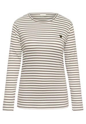Long-sleeve striped shirt in white and brown, featuring a crew neckline and a small heart logo on the left chest. Soft fabric texture.