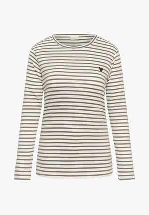 Långärmad randig skjorta i vitt och brunt, med rund halsringning och en liten hjärtlogotyp på vänster bröst. Mjuk tygstruktur.