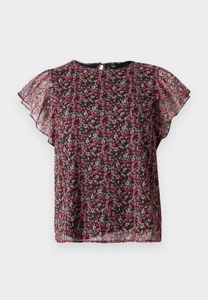 Μαύρο διάφανο μπλουζάκι με κόκκινο και ροζ φλοράλ σχέδιο και φουσκωτά μανίκια, με στρογγυλή λαιμόκοψη και κλεισίματα με κουμπιά στην πλάτη.