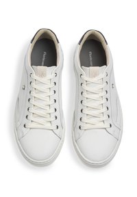 White leather sneakers with round toes, flat laces, and subtle grey accents on sides, featuring a smooth texture and simple design.