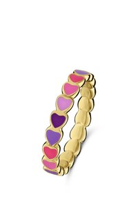 Gouden ring met een patroon van afwisselende hartvormen in roze, paars en lavendel emaille. Vloeiende, ronde randen met een glanzende afwerking.