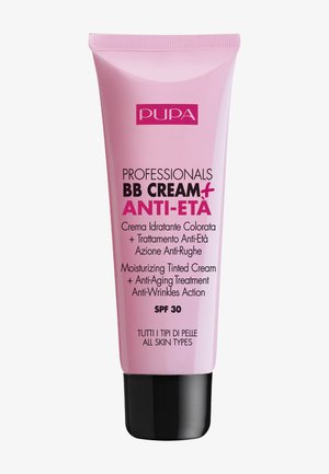 Pink tube of BB cream with black base, featuring bold text indicating moisturizing, anti-aging, and SPF 30 properties. Suitable for all skin types.