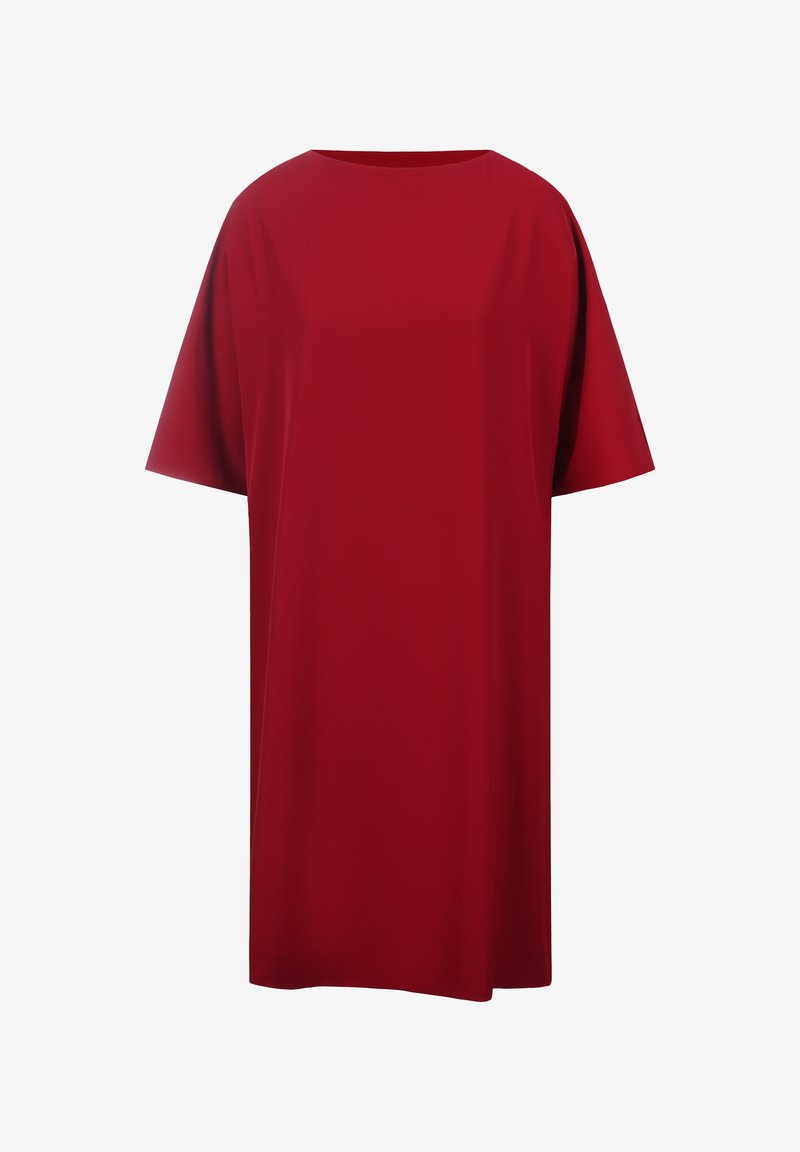 Rotes, übergroßes T-Shirt-Kleid aus glattem, leichtem Stoff mit rundem Ausschnitt und kurzen Ärmeln. Es zeichnet sich durch eine lockere Passform und keine sichtbaren Akzente aus.