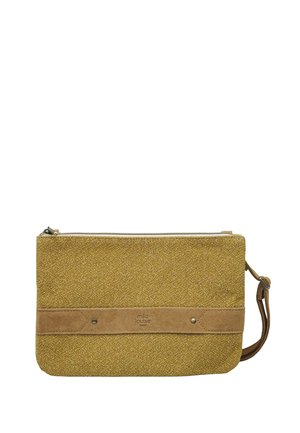 Pochette pailletée dorée avec une sangle horizontale en daim beige et une lanière pour poignet, fermeture éclair sur le dessus, logo Mila Louise Paris à l'avant.