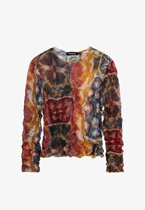 Ilgas rankovėmis daugiaspalvis viršus, pagamintas iš tekstūruotos, suglamžytos medžiagos. Turi apvalų kaklo iškirpimą ir surinktą apačią. Spalvos: raudona, mėlyna, geltona ir juoda.