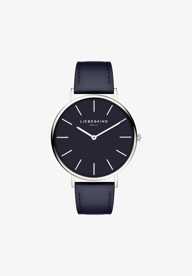Runder Zeitmesser mit einem dunkelblauen Lederarmband und einem silberfarbenen Edelstahlgehäuse. Das dunkle Zifferblatt hat weiße Stundenmarkierungen und Zeiger.